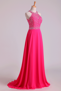 2024 Halter Prom Dresses Beaded Bodice Open Back A Line Chiffon & Tulle Sweep Train