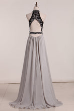 Load image into Gallery viewer, 2024 Chiffon High Neck Open Back Prom Dresses Beaded Bodice A Line