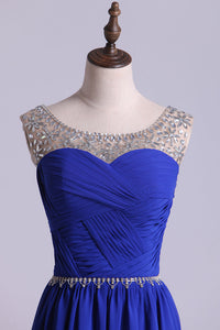 2022 Scoop Prom Dresses A Line Pleated Bodice Chiffon With Beads Dark Royal Blue