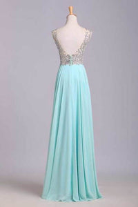 2022 V Neck Prom Dresses A Line Beaded Bodice Sweep Train Chiffon And Tulle
