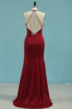 Load image into Gallery viewer, 2024 Mermaid Scoop Spandex With Beads And Slit Prom Dresses Open Back