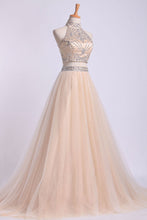 Load image into Gallery viewer, 2022 Two-Piece High Neck Prom Dresses A Line Tulle With Beading
