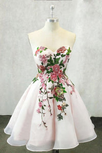 A Line Straps Sweetheart Homecoming Dresses With Floral Print Short Prom Dress