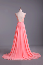 Load image into Gallery viewer, 2022 Bateau A-Line Chiffon Prom Dresses With Ribbon Sweep Train