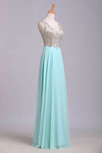 Load image into Gallery viewer, 2022 V Neck Prom Dresses A Line Beaded Bodice Sweep Train Chiffon And Tulle