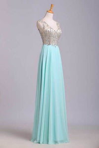 2022 V Neck Prom Dresses A Line Beaded Bodice Sweep Train Chiffon And Tulle