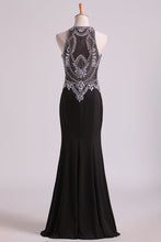 Load image into Gallery viewer, 2022 Black Prom Dresses Scoop Beaded Bodice Floor Length Spandex Sheath
