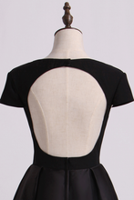 Load image into Gallery viewer, 2024 Open Back V-Neck Short Sleeve A-Line Satin Evening Dress Black Bodice Floor-Length