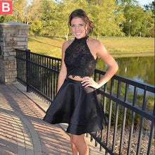 Load image into Gallery viewer, Mattie Homecoming Dresses Satin Lace Two Pieces Halter Sleeveless Tiered Pleated Elegant