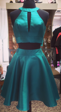 Load image into Gallery viewer, Halter Ruby Two Pieces Satin A Line Homecoming Dresses Sleeveless Cut Out Bow Knot Teal Pleated