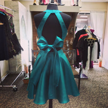 Load image into Gallery viewer, Halter Ruby Two Pieces Satin A Line Homecoming Dresses Sleeveless Cut Out Bow Knot Teal Pleated