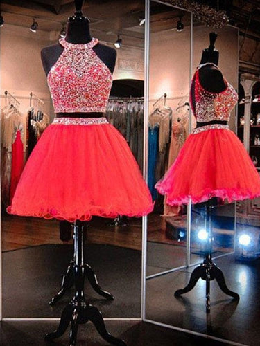 Sleeveless Pleated Organza Cadence A Line Homecoming Dresses Two Pieces Red Halter Rhinestone Backless