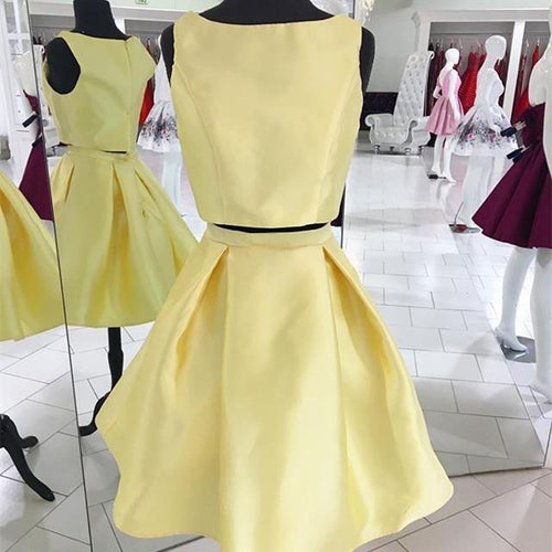 Bateau Sleeveless Pleated Simple Two Pieces A Line Homecoming Dresses Satin Lilly Light Yellow