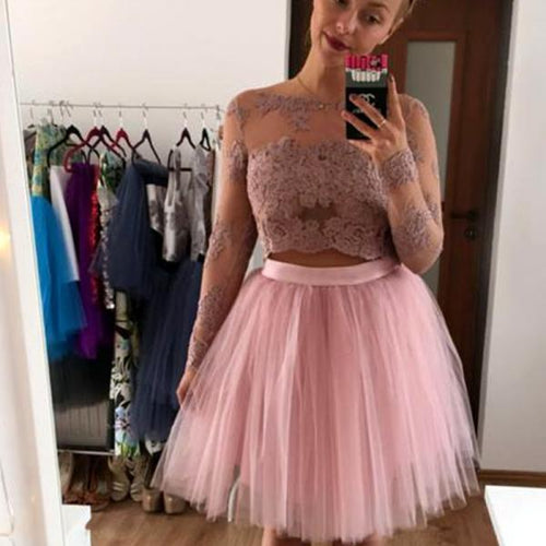 Bateau Homecoming Dresses Two Pieces Yasmin A Line Pink Lace Long Sleeve Appliques Tulle Pleated