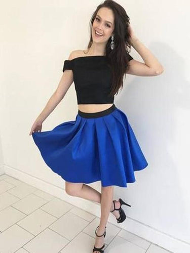 Off The A Line Satin Two Pieces Homecoming Dresses Royal Blue Neveah Shoulder Pleated Elegant