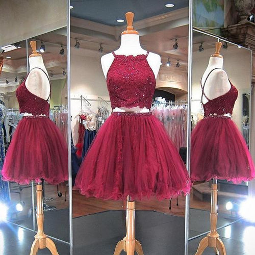 Burgundy Beading Halter Criss Bryanna A Line Two Pieces Homecoming Dresses Cross Backless Organza