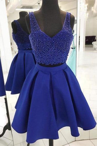 V Neck A Line Two Pieces Royal Blue Mattie Homecoming Dresses Satin Sleeveless Beading Backless