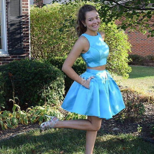 Jewel Sleeveless Blue Pockets Satin Two Pieces A Line Homecoming Dresses Kaia Pleated Short