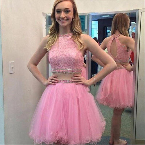 Sleeveless Halter Homecoming Dresses Pink Carolyn A Line Two Pieces Appliques Organza Backless
