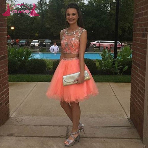 Scoop A Line Sofia Two Pieces Homecoming Dresses Organza Coral Cap Sleeve Rhinestone