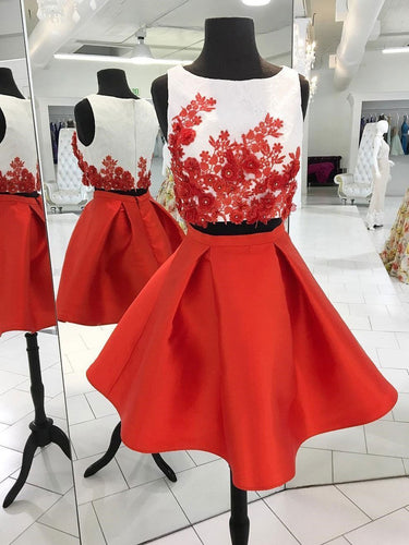 Sleeveless Jewel Homecoming Dresses Satin Victoria Two Pieces Pleated Red Appliques Flowers Short