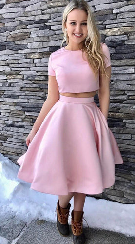 Short Sleeve Jewel Pink Sarai Homecoming Dresses A Line Two Pieces Satin Pleated