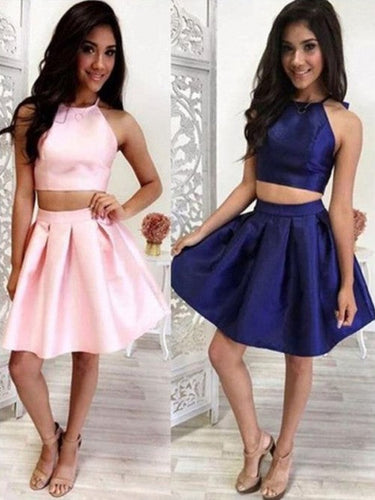 Halter Satin A Line Kiersten Homecoming Dresses Two Pieces Sleeveless Short Pleated