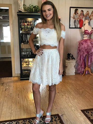 Off The Shoulder White Two Pieces Lace A Line Elsa Homecoming Dresses Appliques Pleated