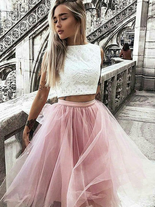 Jewel Sleeveless Appliques Tulle Two Pieces A Line Pink Jazmyn Lace Homecoming Dresses Pleated