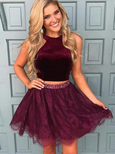 Burgundy Halter A Line Homecoming Dresses Lace Selina Two Pieces Sleeveless Flowers Beading