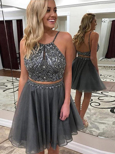 Halter Spaghetti Straps Grey Two Pieces Homecoming Dresses Gwendolyn A Line Backless Organza Beading
