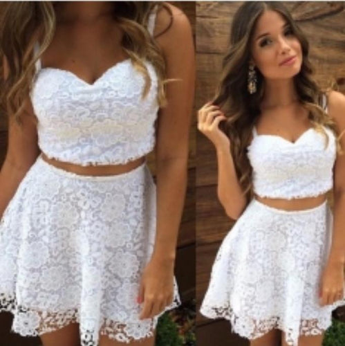 Spaghetti Straps Janiah Homecoming Dresses Lace Two Pieces A Line Sweetheart White Short
