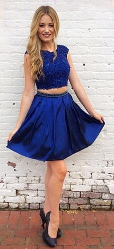 Claire Two Pieces Homecoming Dresses Royal Blue Satin A Line Cap Sleeve Pleated Appliques Short