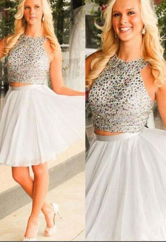A Line Homecoming Dresses Two Pieces Shayna Chiffon Halter Sleeveless White Beading