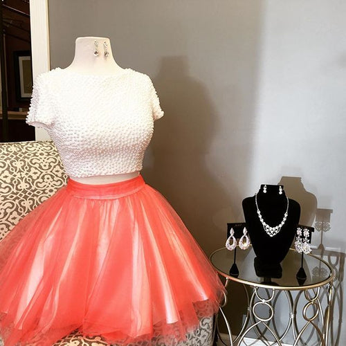 Beading Short Annabelle Two Pieces Homecoming Dresses Sleeve Tulle Backless Jewel Short