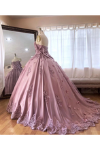 Load image into Gallery viewer, Ball Gown Off The Shoulder Tulle Quinceanera Dress With Lace Appliques, Puffy Prom Dress