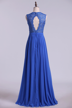 Load image into Gallery viewer, 2022 V Neck Cap Sleeves Prom Dresses Chiffon Floor Length With Applique &amp; Sash Backless