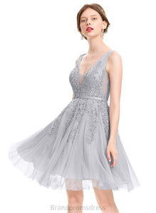 Homecoming Dresses Homecoming Dress A-Line Beading With V-neck Lace Knee-Length Sequins Heather Tulle