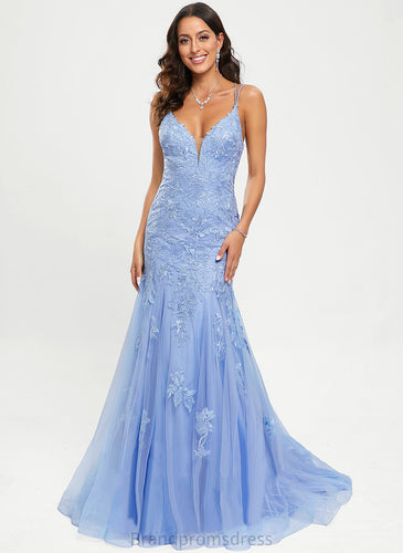 V-neck Sequins Sweep Trumpet/Mermaid Train Prom Dresses With Tulle Lace Meredith
