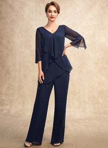 Jumpsuit/Pantsuit of Mother Mother of the Bride Dresses the V-neck Cascading Ruffles Dress Chiffon Martha Floor-Length With Bride
