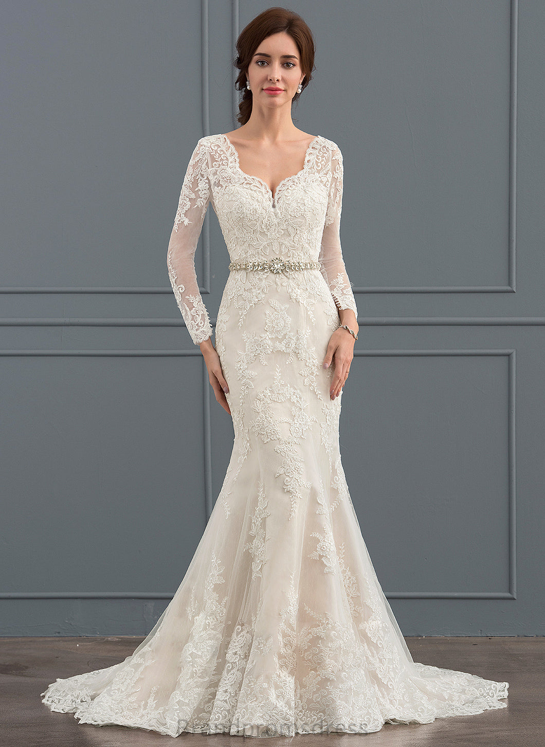 Train V-neck Gillian Trumpet/Mermaid Court Wedding Dress Beading Wedding Dresses Tulle Lace With