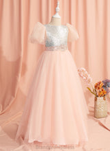 Load image into Gallery viewer, Jan Sleeves Floor-length Neck Tulle/Sequined Flower Girl Dresses With Ball-Gown/Princess Scoop Flower Dress Beading/Sequins/Bow(s) - Girl Short