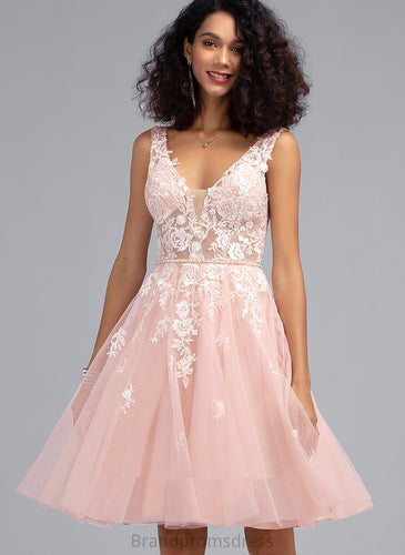 Homecoming Dress Sequins Lace Skylar Tulle With A-Line Knee-Length Beading V-neck Homecoming Dresses