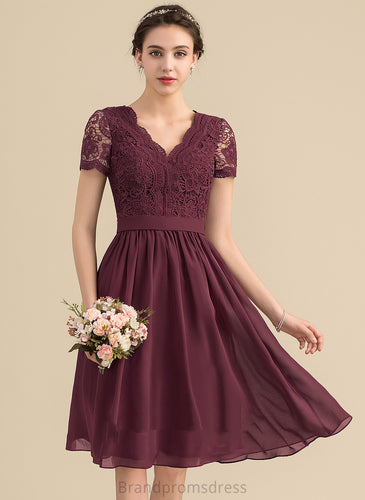 A-Line Lace V-neck Knee-Length Lace Homecoming Dresses Homecoming Chiffon Dress With Miracle