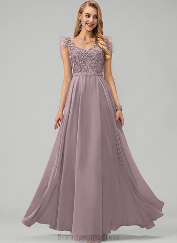 A-Line Sequins Beading With Chiffon Carina Flower(s) Feather Prom Dresses V-neck Floor-Length