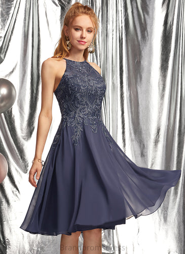 Jeanie Chiffon Prom Dresses With A-Line Scoop Lace Knee-Length Appliques
