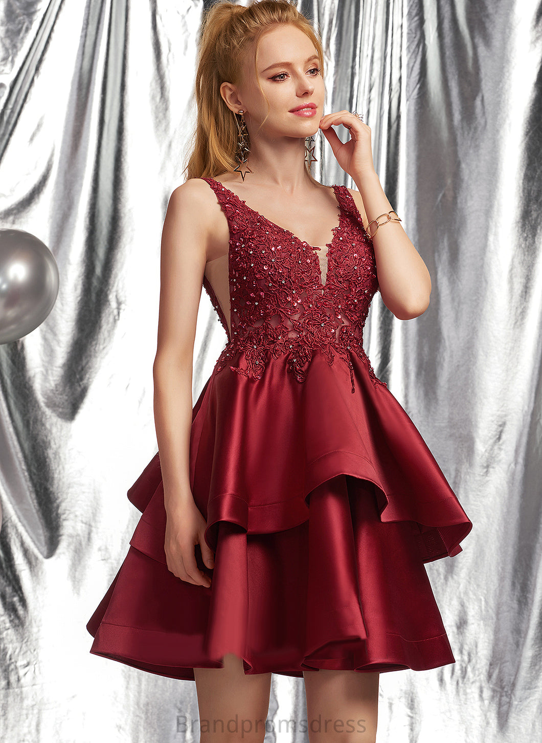 A-Line V-neck Dress Sequins With Homecoming Lace Homecoming Dresses Satin Beading Short/Mini Rebecca