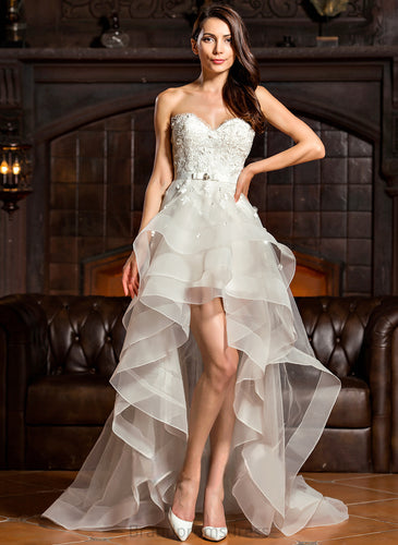 A-Line Wedding Dresses Sweetheart With Bow(s) Dress Beading Wedding Kitty Asymmetrical Charmeuse Tulle Lace