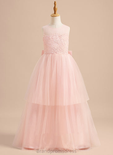 Flower Girl Dresses Neck Tulle Flower Girl - Jeanie A-Line Floor-length Sleeveless Lace/Bow(s) With Scoop Dress