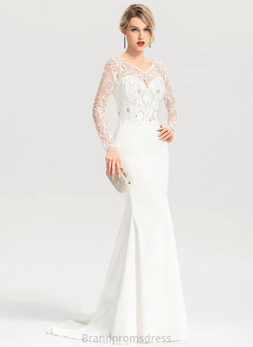 Sequins Crepe Beading Mayra V-neck With Wedding Dresses Wedding Dress Trumpet/Mermaid Sweep Stretch Train Lace